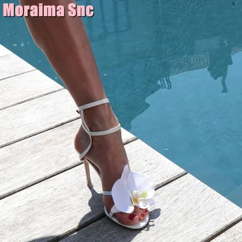 Jedinečný Kvetinový Dekor Otvorené Prst Sandále Stiletto Vysokým Podpätkom Členok Sponou Pásik Biela Pevná Sexy Ženy, Svadobné Topánky Letné Móda