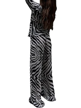 Ženy s 2 Ks Elegantné Oblečenie, Štýlové Dlhý Rukáv V Krku Leopard Tlač Top s Útulnými Šnúrkou Širokú Nohu, Nohavice, Plavky Sady