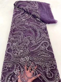 Nigérijský Sequin Tkaniny Korálkové Čipky Textílie Vyšívaný Tyl Textílie Afriky Čipky Textílie pre Svadobné Party Šaty 5 Metrov