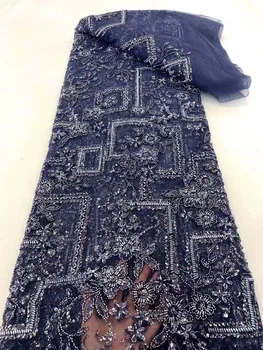 Najnovšie Ťažké Ručné Vyšívanie Korálkami Afriky Čipky Textílie S Flitrami modrá Najvyššej Kvality francúzsky Tylu Oka Čipky Pre Svadbu