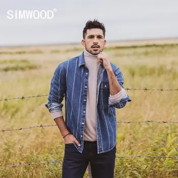 SIMWOOD 2022 nové pruhované Vertikálne džínsové bundy mužov Indigo umyté kontrast farieb, 100% bavlna tenké vrchné oblečenie SI980740