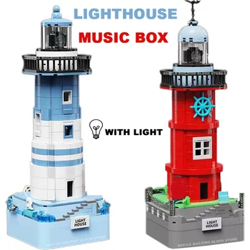 Kreatívne Maják Rotujúce Music Box Stavebné Bloky na Ulicu S LED Svetlom Architektúry Model Tehly Hračky pre Deti, Dospelých Darček