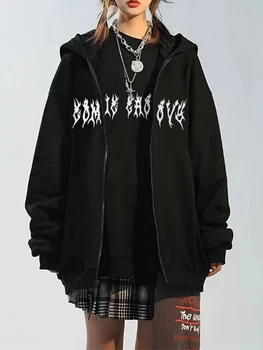 Ženy Dlhý Rukáv Vytlačený Hoodies Y2k Zips Gotický Nadrozmerné Bundy Vintage Punk Grunge Streetwear