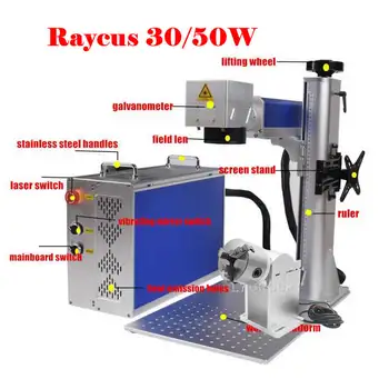 50W Raycus Vlákniny Laserové Značenie Stroj s Rotačnou Osou 30W Metal Steel Rytec pre Zlato Jewerly Striebro Rezanie Gravírovanie Auta