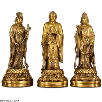 Čistej medi Buddha dekorácie Tri Západné svätých Guanyin Bódhisattva Amitabha Mahāsthāmaprāpta Hala