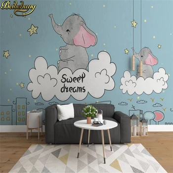 beibehang vlastné 3D animovaný fantasy biele oblaky, hviezdy baby slona foto nástennú maľbu, tapety deti miestnosti papier pozadí steny