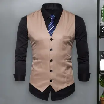 Muži Farbou Obleku Vesta tvaru bez Rukávov Vrecká Single-breasted Slim Fit Office Vesta pracovné Odevy