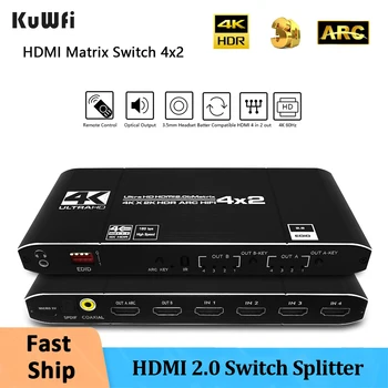 KuWFi HDMI 2.0 Matice 4x2 4K60Hz Prepínač Splitter HDCP2.2 EDID 4Kx2K HDR ARC HIFI HDMI Prepínač SPDIF KOAXIÁLNY 3.5 mm Stereo Audio