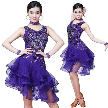 Ženy latinské Tanečné Šaty pre Ženy Fáze Kostýmy Nový latinský Šaty Výkon Ballroom Dance Fialové Modré Oblečenie